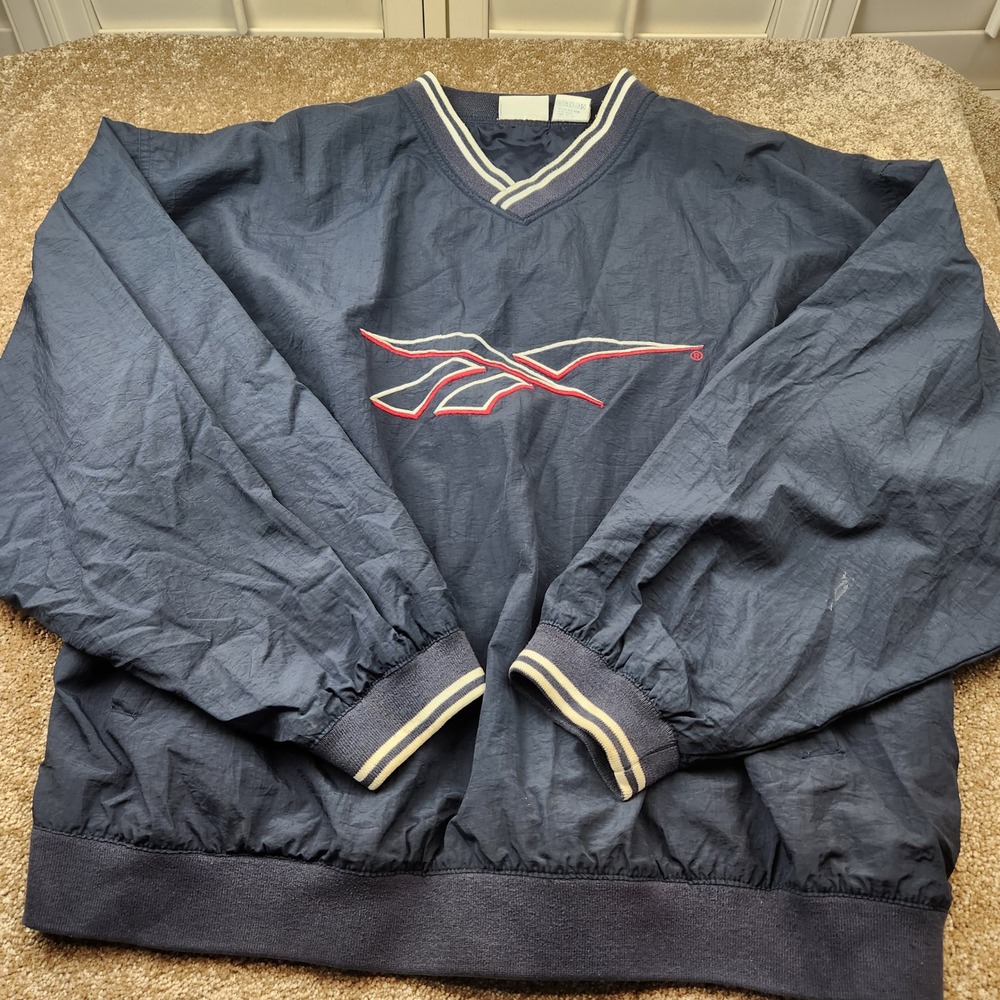 Vintage‎ Reebok Mens XL Navy Blue V-Neck Windbreaker Pullover Embroidered Logo